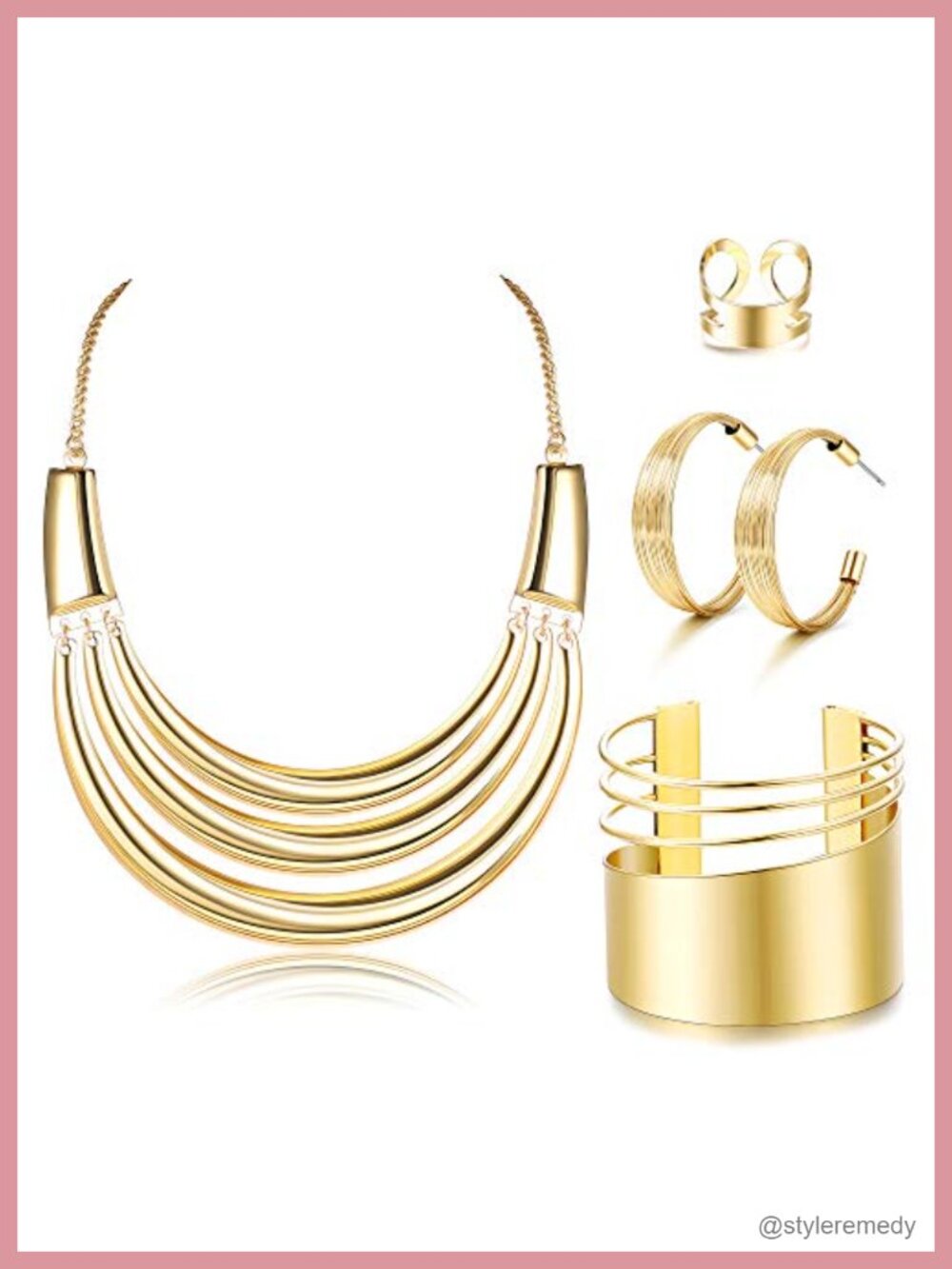 JOERICA Bib Choker Necklace Cuff Bangle Open Hoop Earrings Ring Jewelry Set